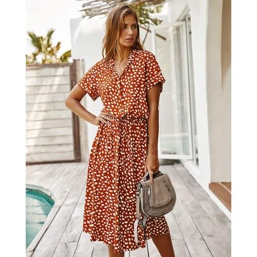 Deenor 2021 Summer Womens Elegant Short Sleeve Polka Dot Print Dress Shirt Collar Button Lace Up Temperament Ladies Long Dress