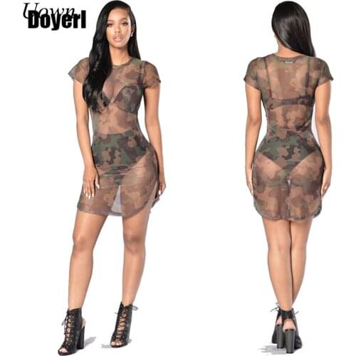 Women Sexy Novelty Bodycon Mesh Dress Summer Mini Dress Short Sleeve Hollow Out Sheath Female Camouflage Party Dresses Vestidon