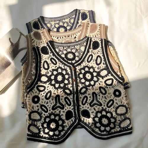 Floral Crochet Knitted Vest Women 2021 Summer Autumn Womens Retro Sleeveless Jacket Cardigan Boho Bohemian Embroidery Waistcoat