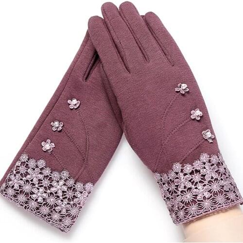 Winter Fashion Women Winter Floral Bowknot Touch Screen Warm Outdoor Cycling Gloves Stretch Knit Mittens Guantes
