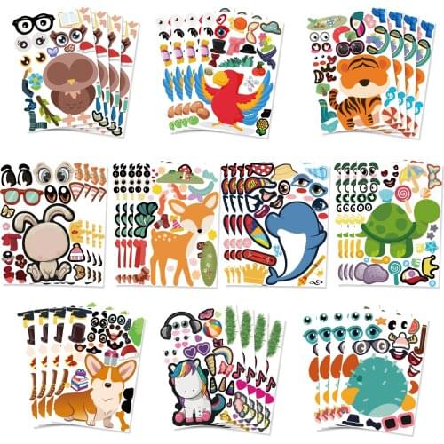 40 Sheets DIY Stickers Animals Puzzle Games Dress Up Prince Tiger Dinosaur Assemble Recognition Kids Training Education Toy