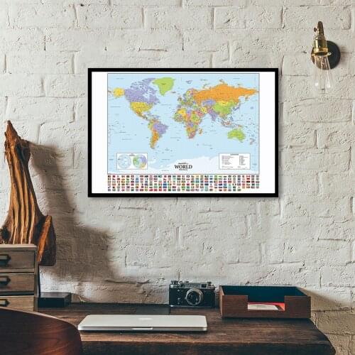 84*59cm The World Map with National Flags Wall Art Poster Spray Canvas Painting Classroom Home Decor Travel School Supplies
