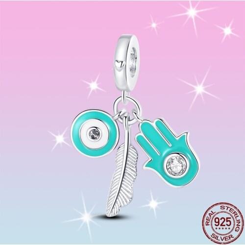 HOT SALE 925 Sterling Silver Feathered Palm Demon Eye Charm Beads Fit Original Pandora Bracelet Pendant Necklace Jewelry