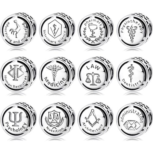 Hot 925 Sterling Silver Fashion Sign Profession Career Skills Charms Beads Fit Original European Charm Diy Bracelets Necklace