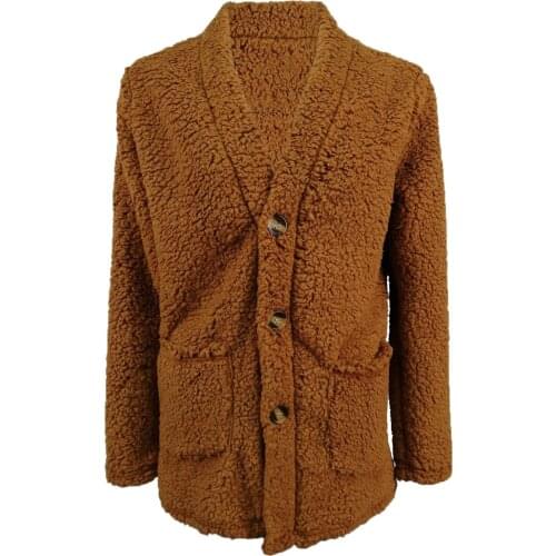 Coffee cardigan Women Fashion Solid V-neck Button Pocket Plush Long Sleeve Cardigan mujer Coat кардиганы женские 2021