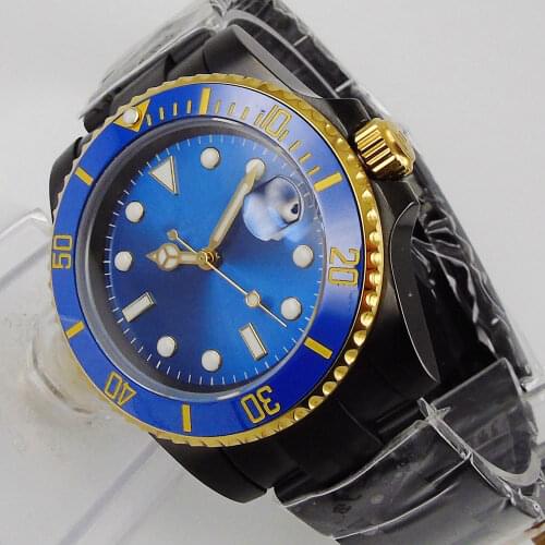 BLIGER Blue 40mm Self Windng Men Wristwatch NH35 MIYOTA 8215 Movement Black Bracelet Gold Coated Bezel