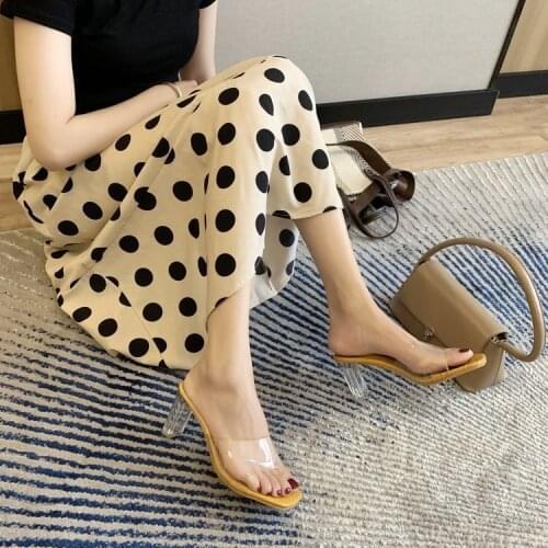 2021 summer new net red sandals and slippers transparent crystal thick heel square toe high heel sexy womens shoes