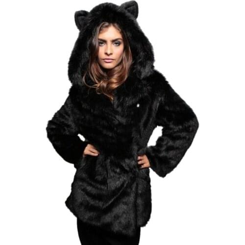 Savabien Womens Winter Jackets And Coats Women Winter Faux Fur Coat Animal Ears Furry Hooded Long Sleeve Overcoat Streetwear