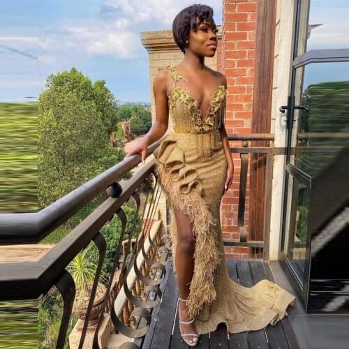 Sexy V Neck High Slit Sequins Evening Dress Aso Ebi Tassel Feather Ruffles Formal Prom Gowns Plus Size African Party Dresses