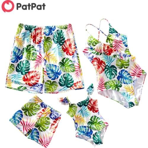 Family Look Colorful Leaf Print One-piece Matching Swimsuits