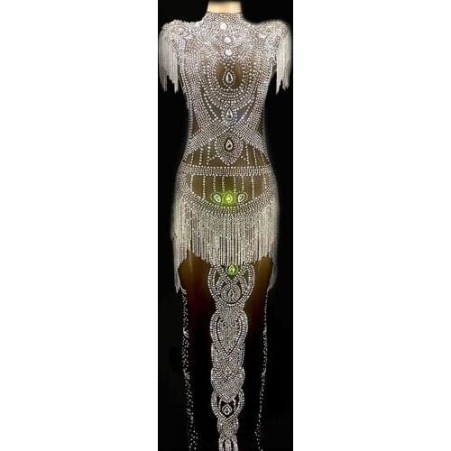 Silver Crystays Fringes Black Mesh Transparent Long Dress Evening Birthday Celebrate Luxurious Costume Stretch Flashing Dress