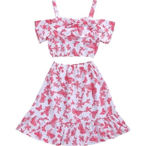 Kids Children Baby Girl Off Shoulder Sling Top Ruffle Swing Skirts Holiday Casual Clothes Printing 2PCS Beachwear Outfits 2-7Y