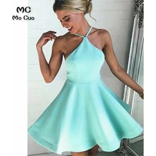 2021 Blue Evening Dress A Line Halter Knee Length Backless Elegant Plus Size Evening Prom Party Gowns