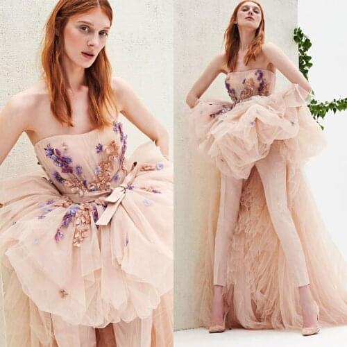 Overskirt Prom Jumpsuit with Long Train Lace 3D Floral Appliques Tulle Evening Dress Party Custom Made Women Robes De Soirée