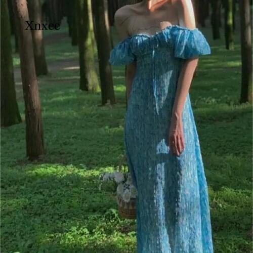 French Blue Sweet Off Shoulder Sexy Floral Print Long Dresses Puff Sleeve Summer Fashion Aesthetic Dinner Chic Casual Slim Robe