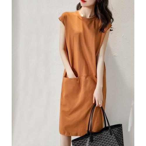 2021 Summer Solid Print Black Dress Women Korean Stitching Pocket Tshirt Dress Elegant Knee-Length Casual Vestidos femme Clothes