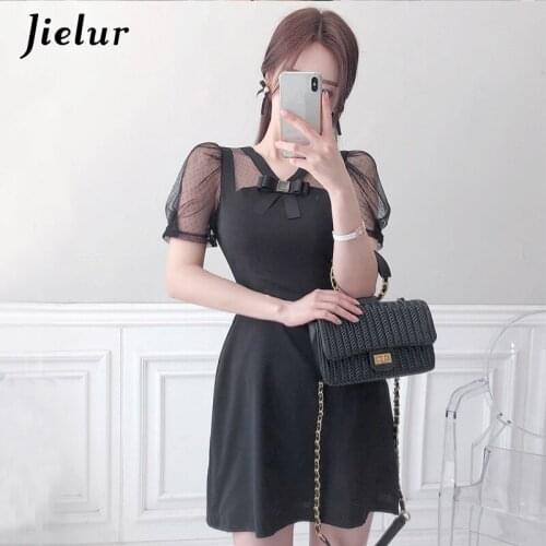 Jielur Summer Dress Mesh Patchwork OL A-line Sexy Mini Dresses Women Dress Slim Short Sleeve Robe Femme Korean Chic Vestidos