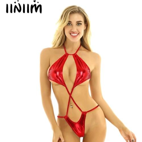Women Sexy Catsuit Shiny Lingerie Teddies Backless Slingshot Trikini micro bikini T-Back Bodysuit Femme Sexy Baby Doll Nightwear