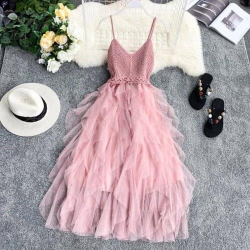 2020 Summer New Party Dress Solid Cascading Ruffles Knitting Patchwork Women Dress Mesh Backless V-neck Long Dress Vestidos P358