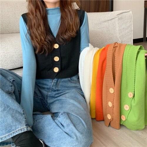 Jacket Vest V-neck Short Knitted Vest Womens Autumn Loose Single-Breasted Sleeveless Sweater Cardigan Chaleco Mujer