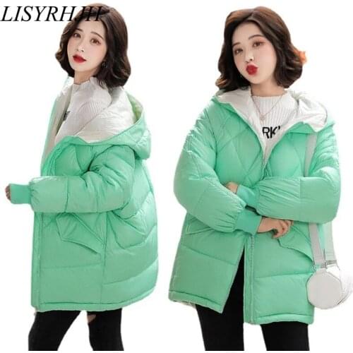 LISYRHJH Winter Women Short Parkas Jacket Casual Female Thicken Warm Windprood Shiny Bright Hooded Winter Jackets and Coats