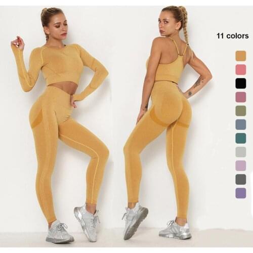 Seamless Women Yoga Set Hip-Lifting Running Pants High Waist Sports Leggings Female Long-Sleeve Yoga Shirt Gym Suit