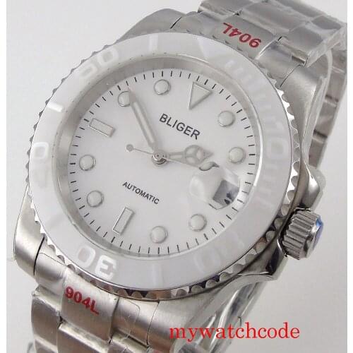 Bliger 40mm White Dial Sapphire Glass Luminous Date NH35 MIYOTA 8215 Movement Oyster Bracelet Ceramic Bezel