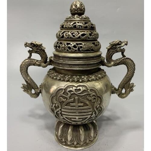 China White copper double dragon ear Incense burner crafts statue