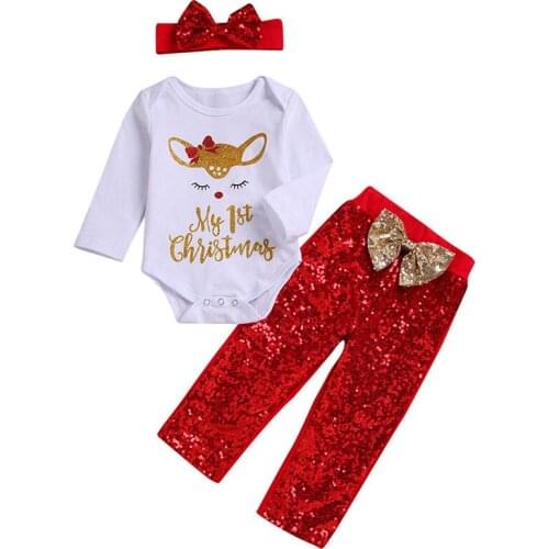 3Pcs Baby Girls Boys My 1st Christmas Outfits Red Sequins Deer Letter Romper Trousers Headband Suits Infant 1 Year Clothes Sets