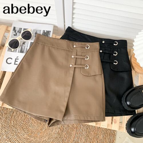 Korean solid PU leather Shorts high waist lace up irregular design leisure wide leg Shorts Skirt 2021 New Spring Autumn