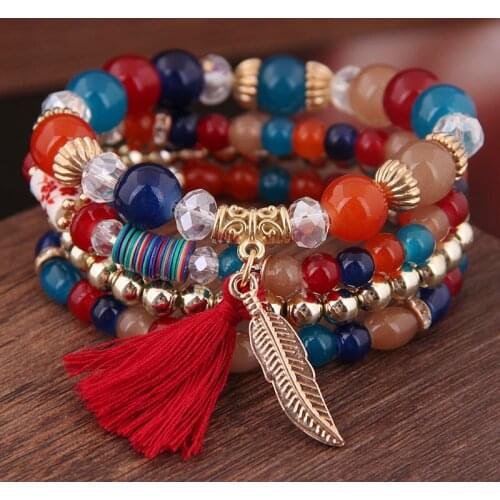 Multilayer Elasticity Beaded Bracelets For Women Fashion Metal Wings Cotton Tassel Pendant Bracelets Bangle For Women Jewelry