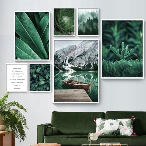 Green Lake Boat Mountain Forest Banana Leaves Wall Art Canvas Painting Nordic Posters And Prints Wall Pictures Living Room Decor