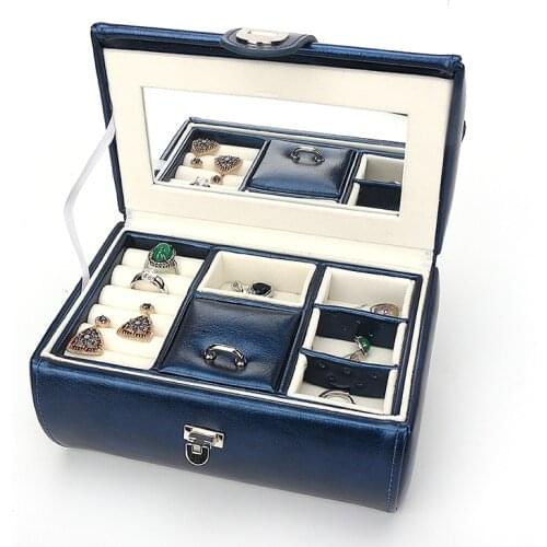 New Blue PU Leather Metal Buckle Portable High-end Jewelry Storage Box Ring Earring Pendant With Makeup Mirror Double Card Slot