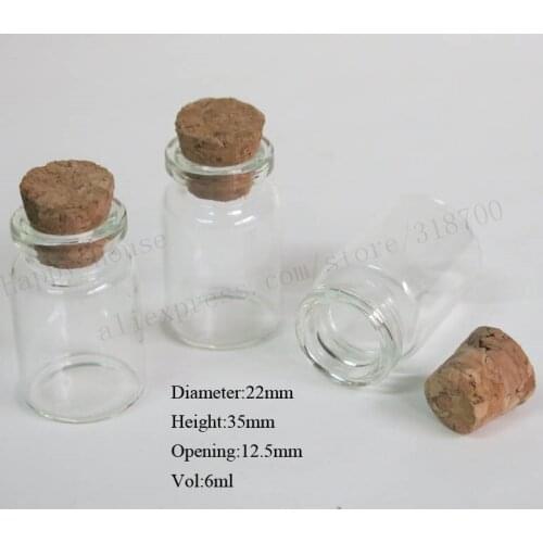 1000/lot 6ml Clear Glass Bottle with cork lid,1/4oz small sample Vials,cork stopper glass container,22*35*12.5mm
