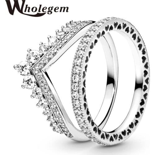 WHOLEGEM Fashion Princess Crown Engagement Rings Set Wishbone Hollow Love Heart Sparkling Zircon Wedding Band Women Jewelry