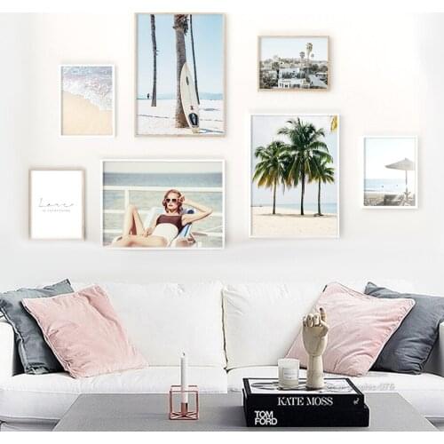 Beach Palm Tree Sunshine Girl Surfboard Wall Art Canvas Painting Nordic Posters And Prints Wall Pictures For Living Room Decor