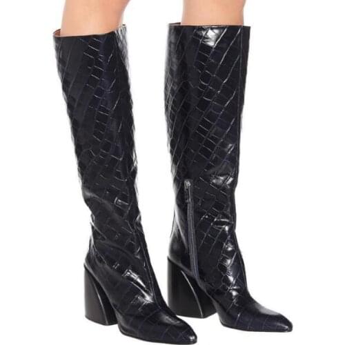 Drop Shipping Winter Woman Burgundy Black Crocodile Leather Tube Long Boots Chunky Heels Pointed Toe Knee High Knight Boots