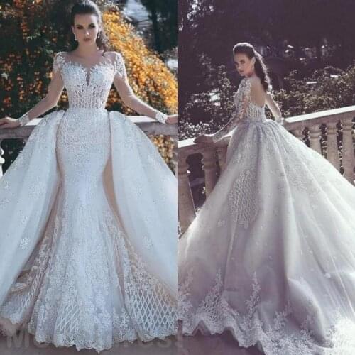 Luxury Lace Mermaid Wedding Dresses Illusion Neck Long Sleeve Detachable Train Appliques Beaded Plus Size Bridal Gowns Arabric