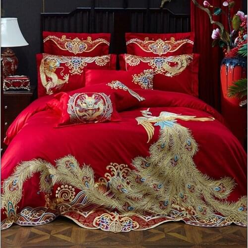 Super luxury Wedding Bedding Set Long Tail Golden Phoenix Bed Set Embroidery Red Duvet Cover 100S Long-staple cotton Bed cover