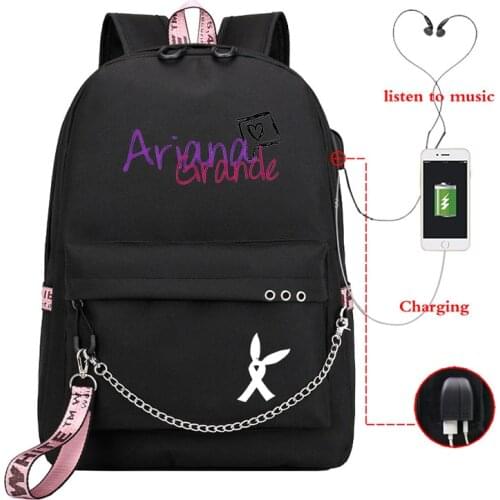 Ariana Grande Printed Casual School Bags Girls USB Charging Backpack Teenagers Daily Laptop Bag College Student Funny Bookbag