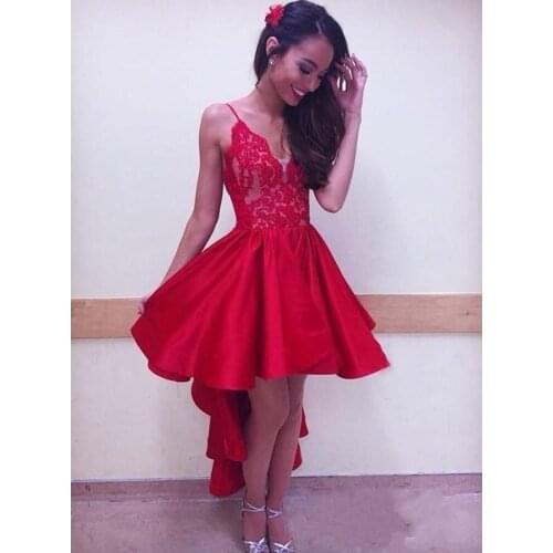 Sexy Spaghetti Strap V Neck Satin Prom Dress A-Line Red Lace Bodice Knee-length High Low Party Gown Homecoming Dresses
