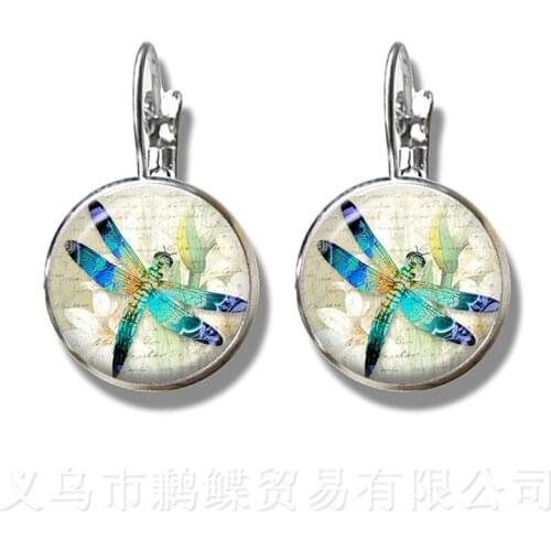 Dragonfly Pattern Stud Earrings Insect Art Picture 16mm Glass Cabochon Dome Charm Earrings For Women Girls Creative Gift