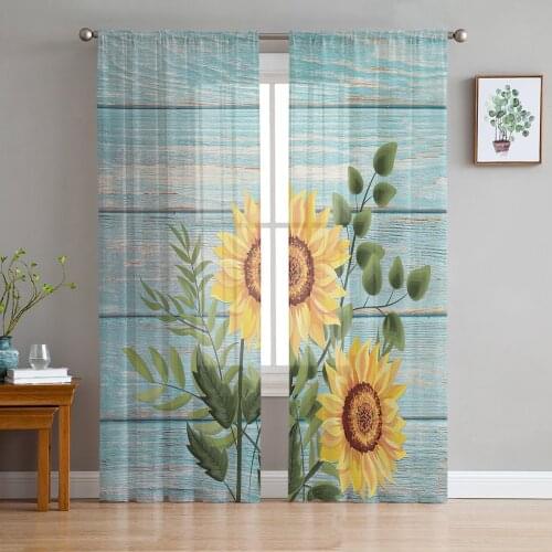 Sunflower Blue Wood Board Curtain For Living Room Transparent Tulle Curtains Window Sheer For The Bedroom Accessories Decor