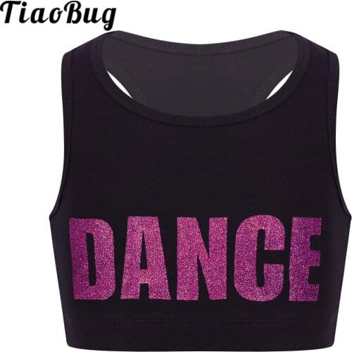 Girl Dance Crop Top Sleeveless Shiny Letters Sports Gymnastics Ballet Latin Tops Stage Performance Dance Costume