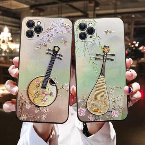 Cozy Matte Phone Case for iPhone X XS XR 11 12 Pro MAX 6 7 8Plus SE2 Capa Soft Back Covers Elegant Guzheng 3D Emboss Phone Cases
