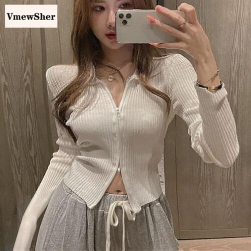 VmewSher New Autumn Fashion Knit Basic White Crop Tops Women V-neck T-shirts Solid Office Ladies Sexy Casual Tee Shirts Mujer