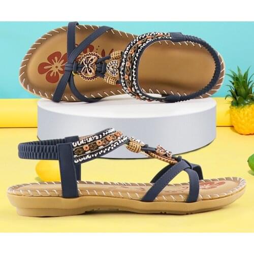Women Sandals Bohemia Flower Rhinestone Ladies Slippers Ethnic Style Non-Slip Beach Casual Elastic Platform Band Womens Sandals