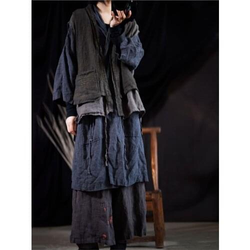 Women Spring Autumn Fake 2 pieces Vests Waistcoat Outerwerar Ladies Linen Vest Female Patchwork Flax Vest