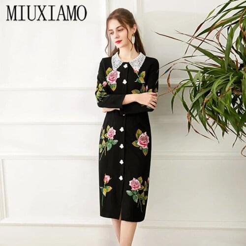MIUXIMAO 2021 Spring Summer Womens New Lace Stitching Flower Embroidery Long Sleeve Elegant Black Casual Dress Vestidos