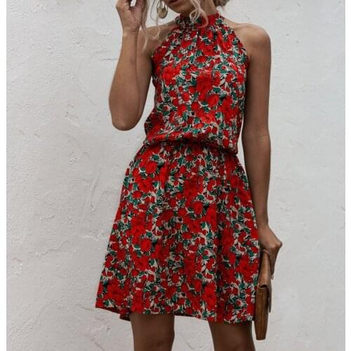 Women Floral Print Mini Dress 2021 Summer New Bobo Halter Neck Strap Dresses Ladies Casual A-line Beach Short Vestidos Femme